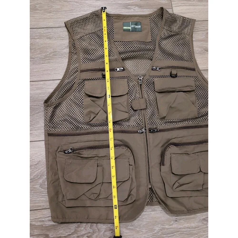 OUTDOOR MESH FLY FISHING VEST KHAKI UTILITY CARGO MEN'S SIZE LARGE EUC